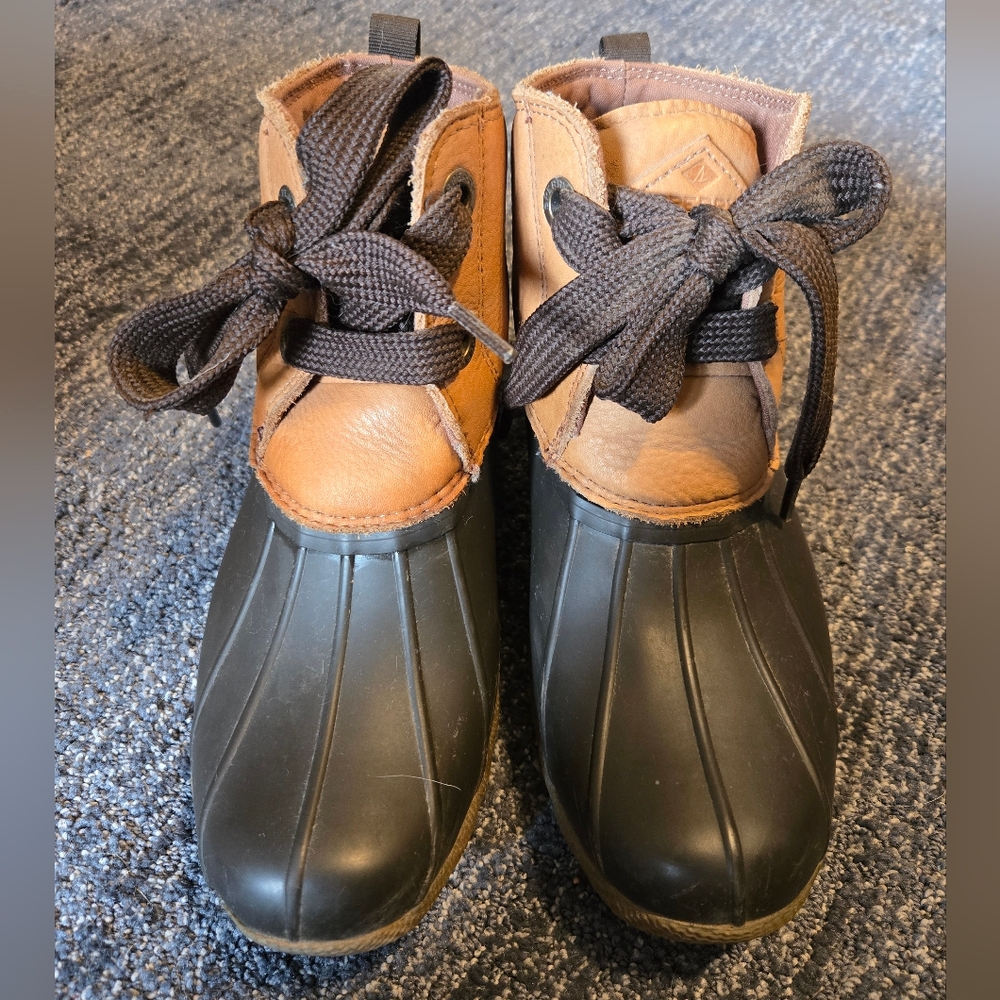 Sperry Tan and Black Rain Boots